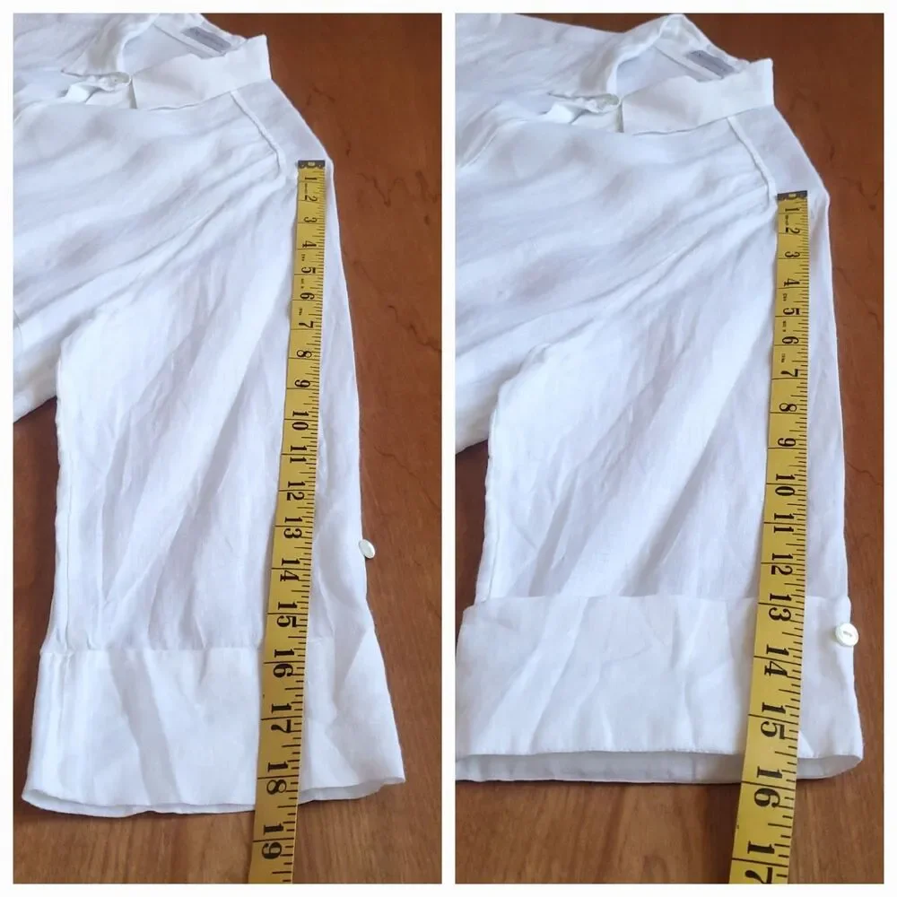 100% Linen White Button Up Tunic Shirt Womens L Minimalist Lagenlook 3/4 Sleeve